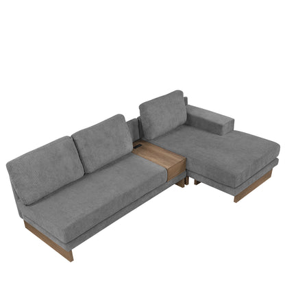 L-shaped Grey Sectional Sofa with USB Ports, Power Sockets, Storage Drawer, Reversible Chaise Lounge, Corduroy Fabric