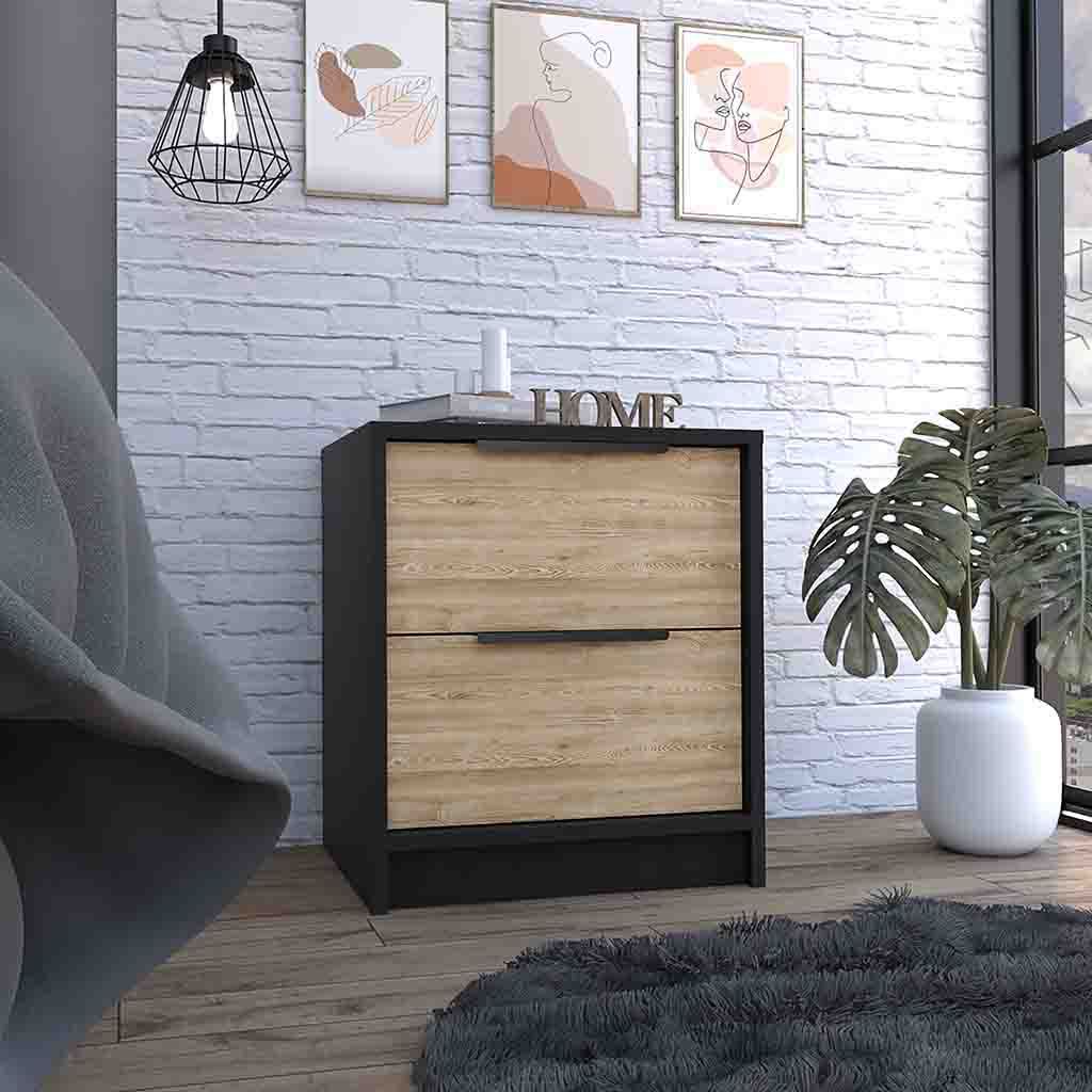 Modern Nightstand 19' H, Two Drawers, Black / Pine