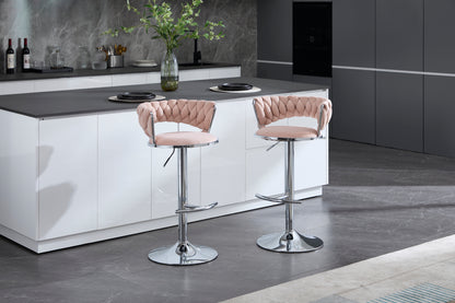 Set of 2 Bar Stools,with Chrome Footrest and Base Swivel Height Adjustable Mechanical Lifting Velvet + Chrome  Leg Simple Bar Stool-PINK