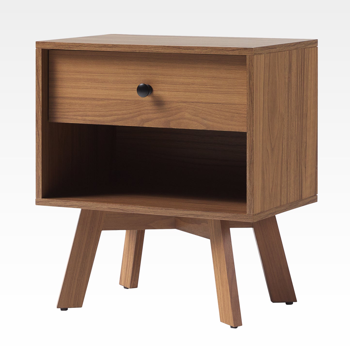 Mid-Century Modern Minimalist 1-Drawer Nightstand with Cubby in Coffee MDF