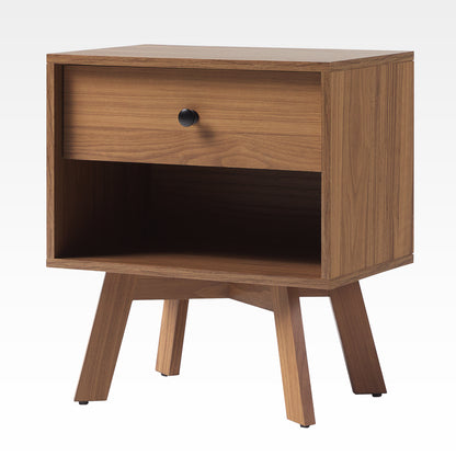 Mid-Century Modern Minimalist 1-Drawer Nightstand with Cubby in Coffee MDF