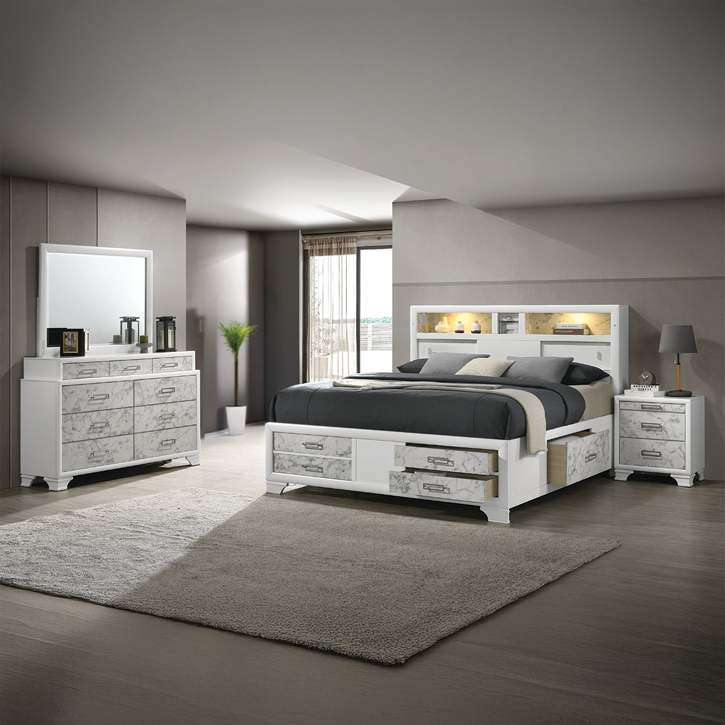 Soul Modern Style Queen 4PC Bedroom Set Made with wood in White