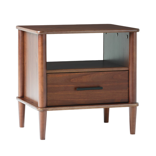 Transitional Solid Wood Spindle Nightstand with Drawer and Open Cubby, Walnut, Pine, 20 x 15.88 x 20 inches