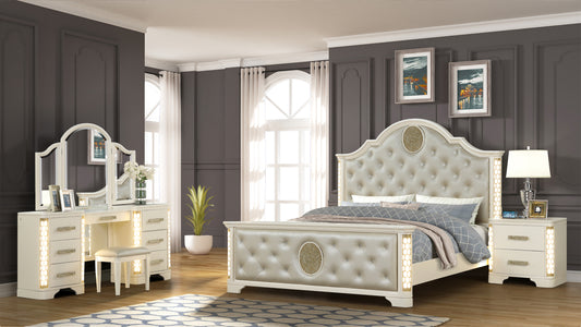 Queen 4 Pc Unique LED Vanity Bedroom Set made with Wood in Beige
