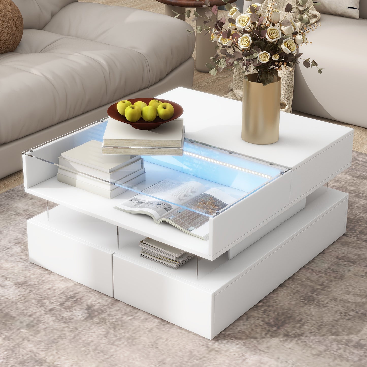 U-Can Lift-Top Coffee Table with 2 Drawers, Modern Square Coffee Table with Glass Top and High-Gloss Finish, Hidden Space and LED Lights for Living Room