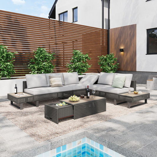 K&K 6-Pers Diamond Weave Patio Sectional Furniture Set with Extendable Coffee Table with Ice Bucket, Collapsible Seat,Conversation Set with Side Table and Deep Cushions for Couch, Porch, Backyard-Grey