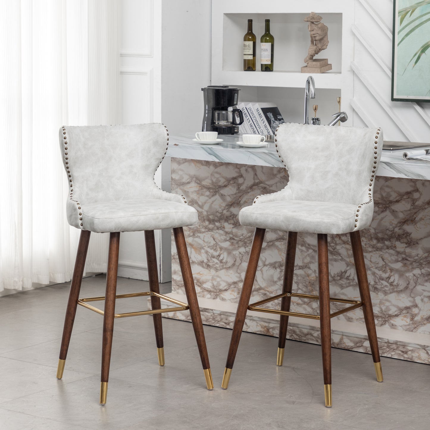 Nevis Mid-century Modern Faux Leather Tufted Nailhead Trim Barstool Set of 2, Off-White