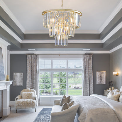 (Same as W1340P143192/L5007-500-G) 20' Luxury 3-Tier Crystal Chandelier, 7-Light Gold Frame Pendant Light, Elegant Ceiling Lighting for Living Room, Dining Room, Bedroom (No Bulbs)