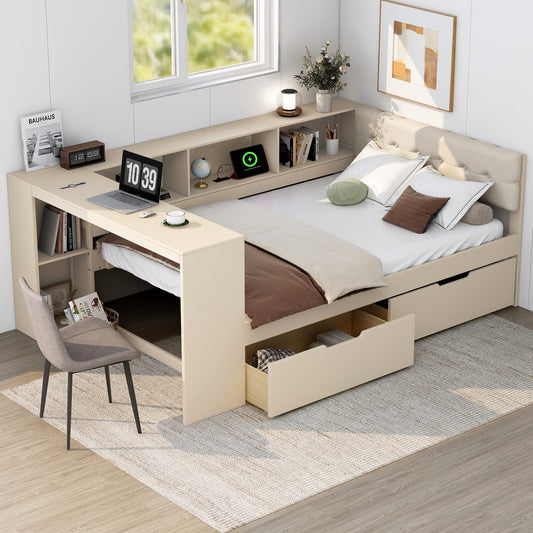 Wood Full Size Platform Bed with Storage Shelves, Drawers, Charging Station and Upholstered Headboard, Cream