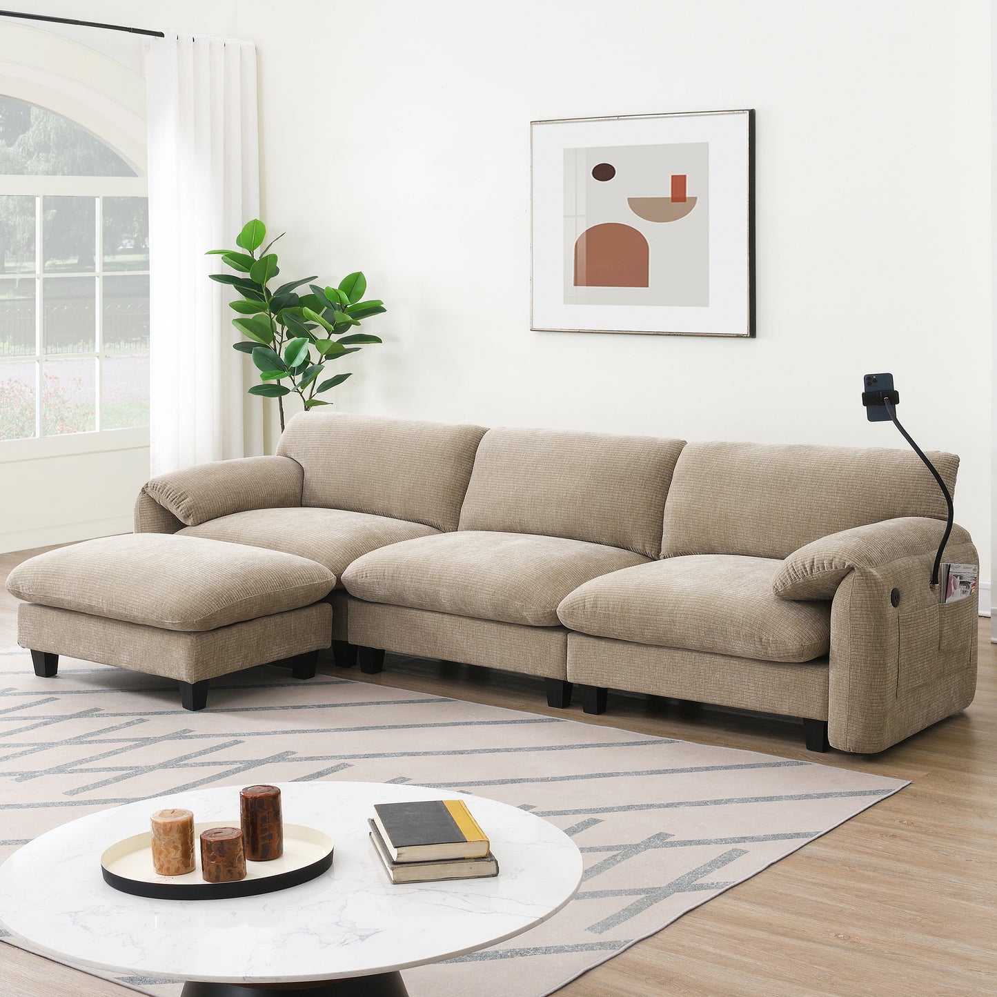 [VIDEO Provided] 108' Modular Sectional Sofa, L-Shape with 31.5' Extra-Wide Seat Cushion, USB and Type-C Charger, Phone Holder and 2 Side Storage Pockets, Free Movement Ottoman, Striped Chenille