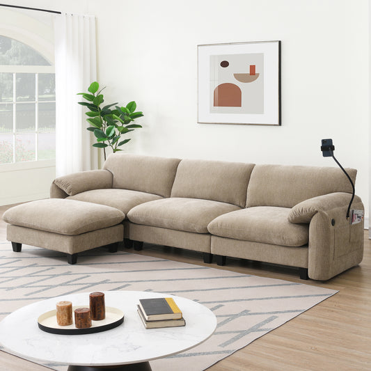[VIDEO Provided] 108' Modular Sectional Sofa, L-Shape with 31.5' Extra-Wide Seat Cushion, USB and Type-C Charger, Phone Holder and 2 Side Storage Pockets, Free Movement Ottoman, Striped Chenille