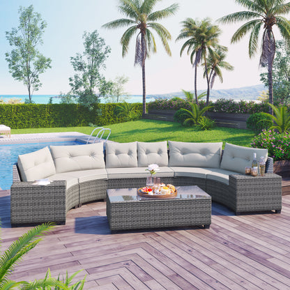 GO 8-pieces Outdoor Wicker Round Sofa Set, Half-Moon Sectional Sets All Weather, Curved Sofa Set With Rectangular Coffee Table, PE Rattan Water-resistant and UV Protected, Movable Cushion, Beige