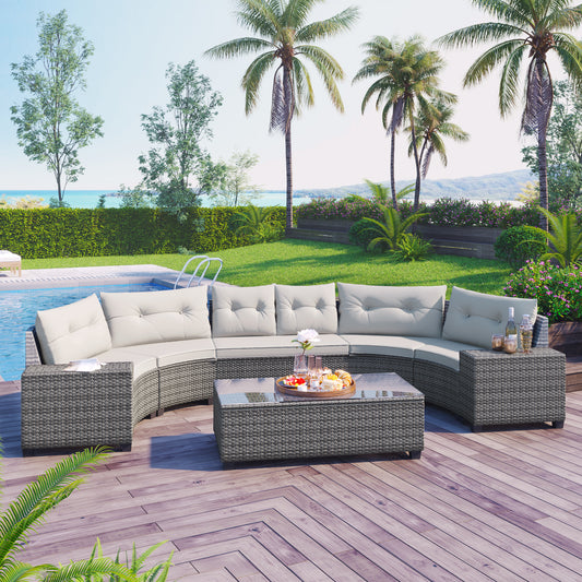 GO 8-pieces Outdoor Wicker Round Sofa Set, Half-Moon Sectional Sets All Weather, Curved Sofa Set With Rectangular Coffee Table, PE Rattan Water-resistant and UV Protected, Movable Cushion, Beige