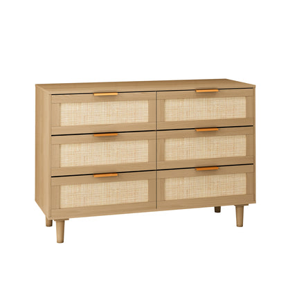Modern Rattan Dresser with 6 Drawers for Bedroom and Living Room,Oak