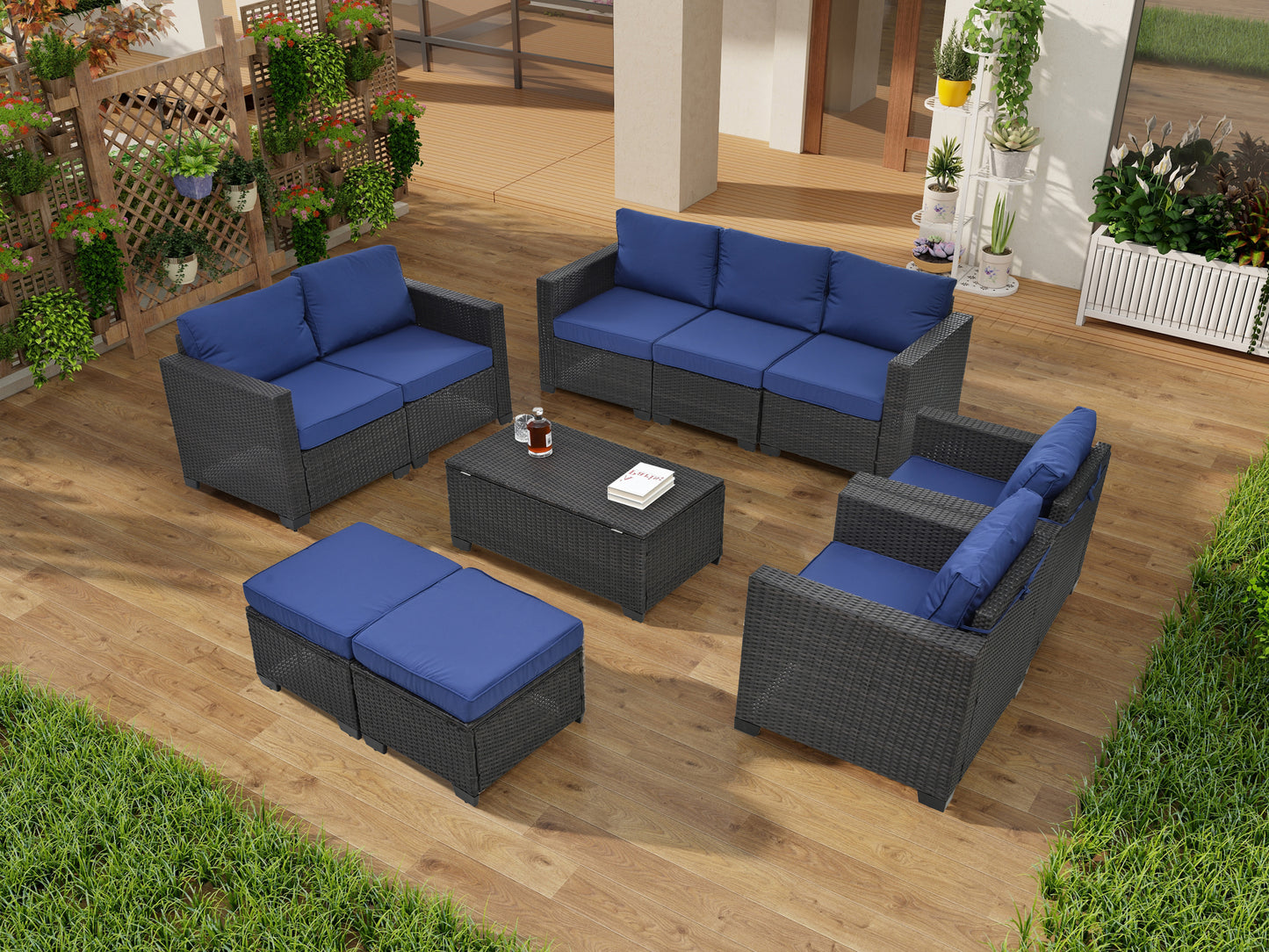 10 Piece PE Rattan Patio Furniture Set, Sectional Sofa Set, Outdoor Patio Furniture Set With Cushions & Tempered Glass Coffee Table