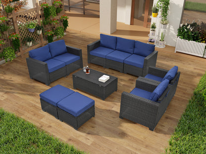 10 Piece PE Rattan Patio Furniture Set, Sectional Sofa Set, Outdoor Patio Furniture Set With Cushions & Tempered Glass Coffee Table