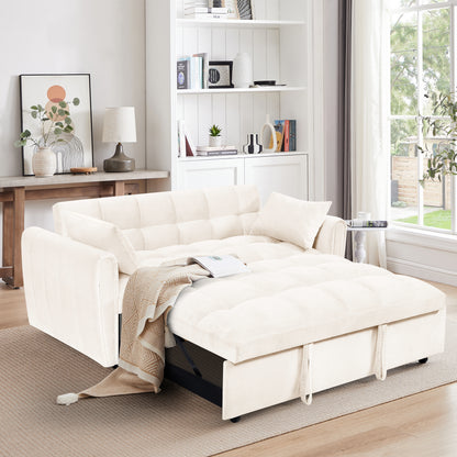 65'3-in-1 foldable large size sofa bed, modern velvet double sofa, sofa bed with adjustable back, storage bag and pillow, suitable for living room, bedroom (beige)