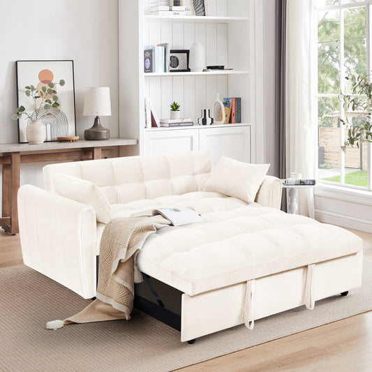 65'3-in-1 foldable large size sofa bed, modern velvet double sofa, sofa bed with adjustable back, storage bag and pillow, suitable for living room, bedroom (beige)