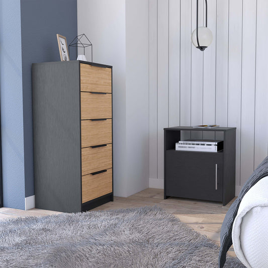 2 Piece Bedroom Set, Egeo 5 Drawer Dresser + Omaha Nightstand, Black / Light Oak
