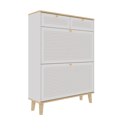 Modern Freestanding Shoe Cabinet with Flip-Up Doors and Drawers, White Natural MDF, Compact Design for Entryway