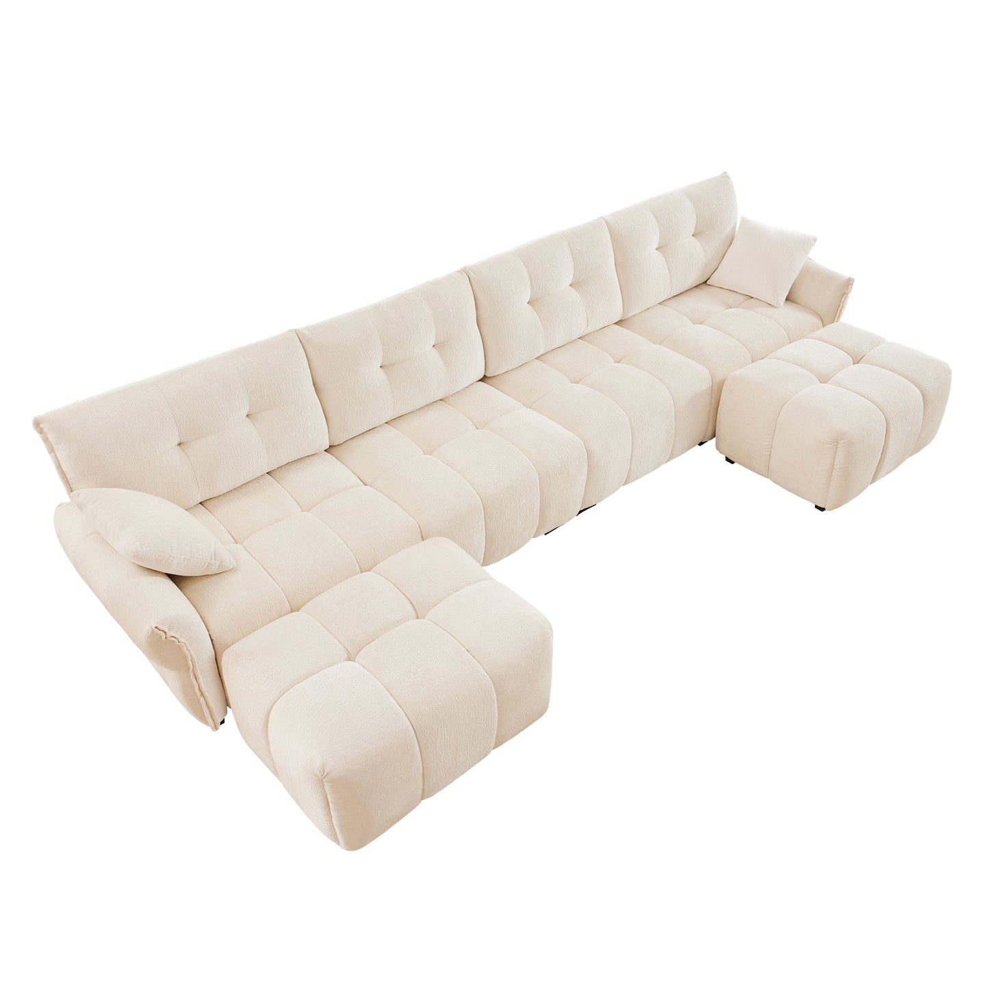 Exquisite 4-Seater Sofa Set with 2 Ottomans, Solid Wood Frame, Premium White Chenille Fabric, High-Resilience Cushions