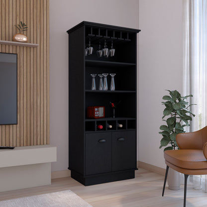 Bar Cabinet 70'H  with Wine Rack, Upper Glass Cabinet, three Open Storage Shelves and One Cabinet,Black