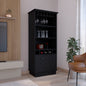 Bar Cabinet 70'H  with Wine Rack, Upper Glass Cabinet, three Open Storage Shelves and One Cabinet,Black