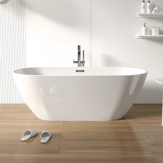 60' Freestanding Acrylic Soaking Bathtub with Chrome Overflow and Drain, Self-leveling Legs Flexible Hose, Easy Installation, Glossy White 24A09-60