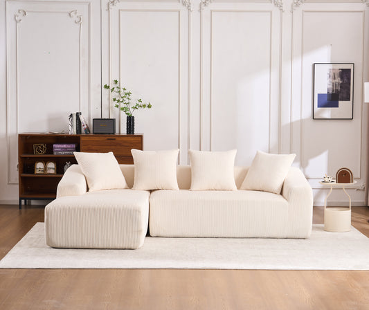 LY-023 WHITE COMPRESSION SOFA: Combining chaise longue with 3-seater, Corduroy Fabric, full sponge compression sofa,combined sofa with 4 pillows for living/ Home Furniture/ Apartment