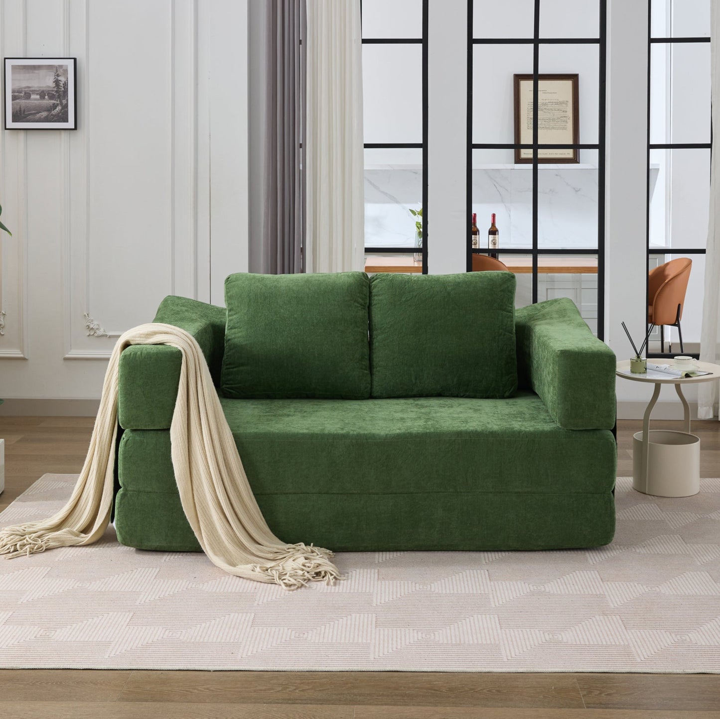 Modern Minimalist Sofa, Fold-Out Sofa Bed, Convertible Chair Floor Couch & Sleeping Mattress for Living room, Bedroom, Apartment, Removable Backrest, Green