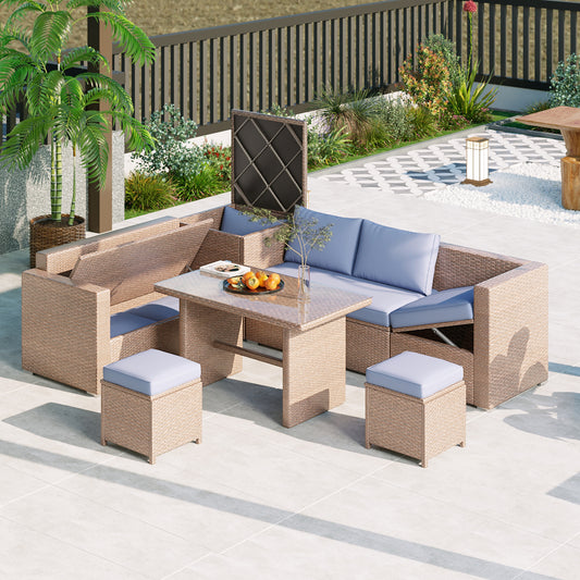 TOPMAX Outdoor 6-Piece All Weather PE Rattan Sofa Set, Garden Patio Wicker Sectional Furniture Set with Adjustable Seat, Storage Box, Removable Covers and Tempered Glass Top Table, Natural
