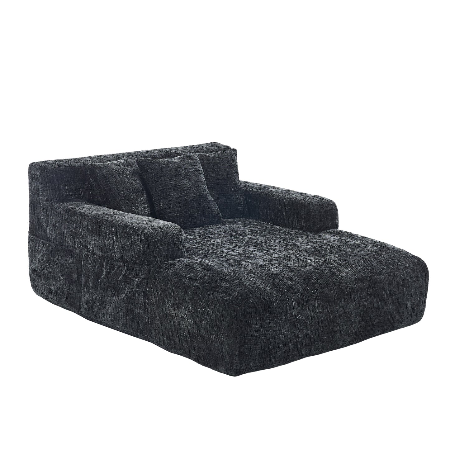 Chenille Interior Lazy Sofa Chaise Lounge Armchair with Three Pillows and Armrests, Black, Soft Chenille, 61.42x48.43x27.95 inches