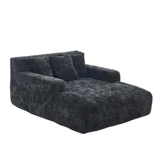 Chenille Interior Lazy Sofa Chaise Lounge Armchair with Three Pillows and Armrests, Black, Soft Chenille, 61.42x48.43x27.95 inches