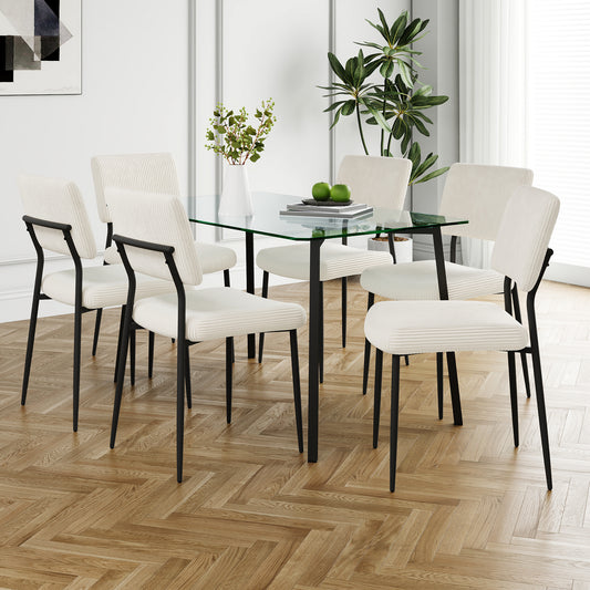 Modern simple table with a glass square table and six chairs. Transparent tempered glass countertop, black metal legs, suitable for kitchen living room dining room (set of 7)