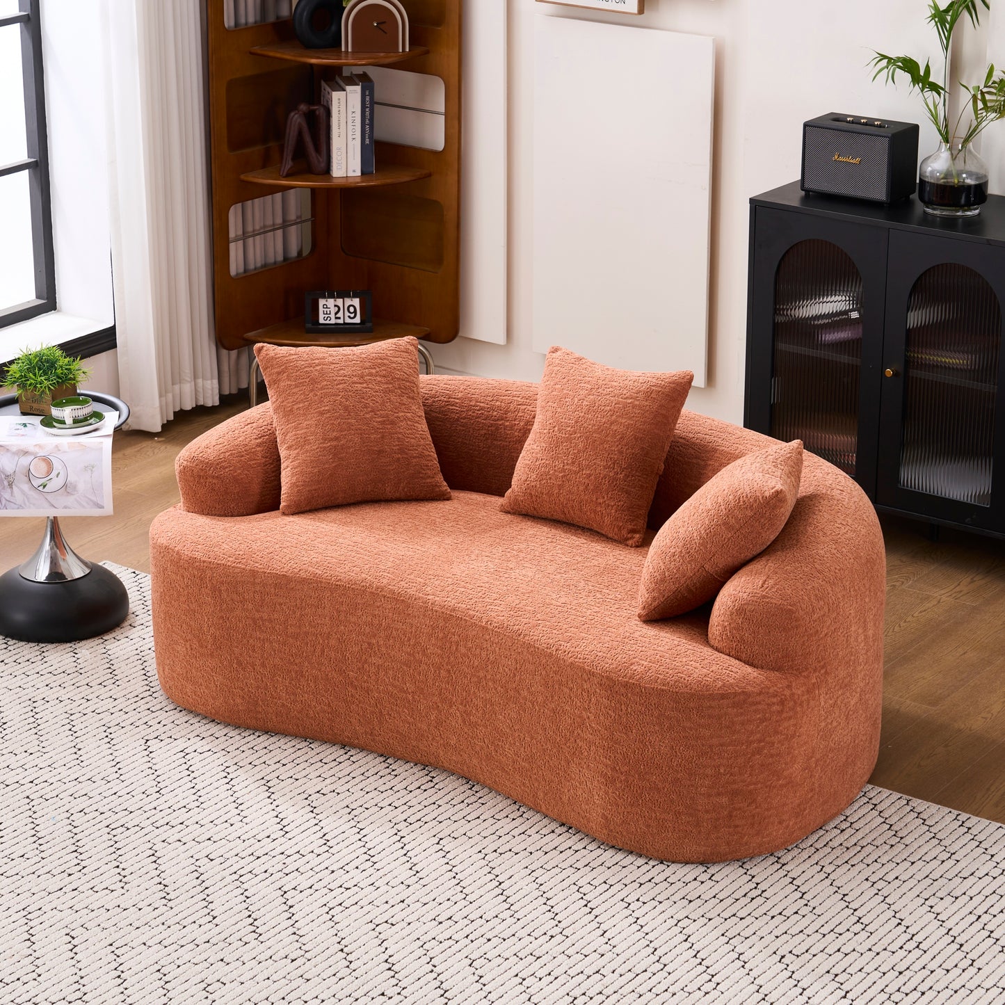 LY-025S Coral Curved Loveseat: Compressed No Assembly, Chenille Small Sofa, 30D Sponge, Compact for Apartments, 65' L, 300Lbs, 3 Pillows