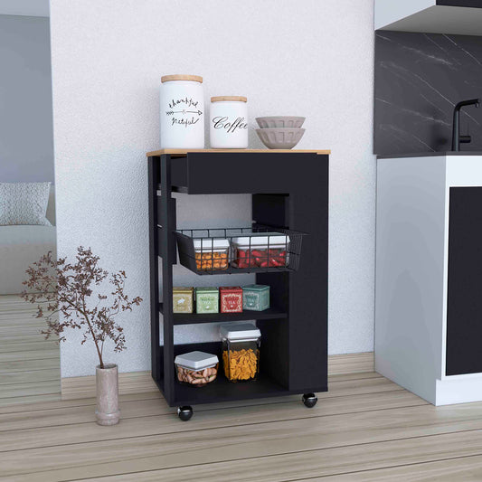 Blosson Kitchen Cart,  One Drawer, Two Open Shelves, Four Casters -Black / Light Oak