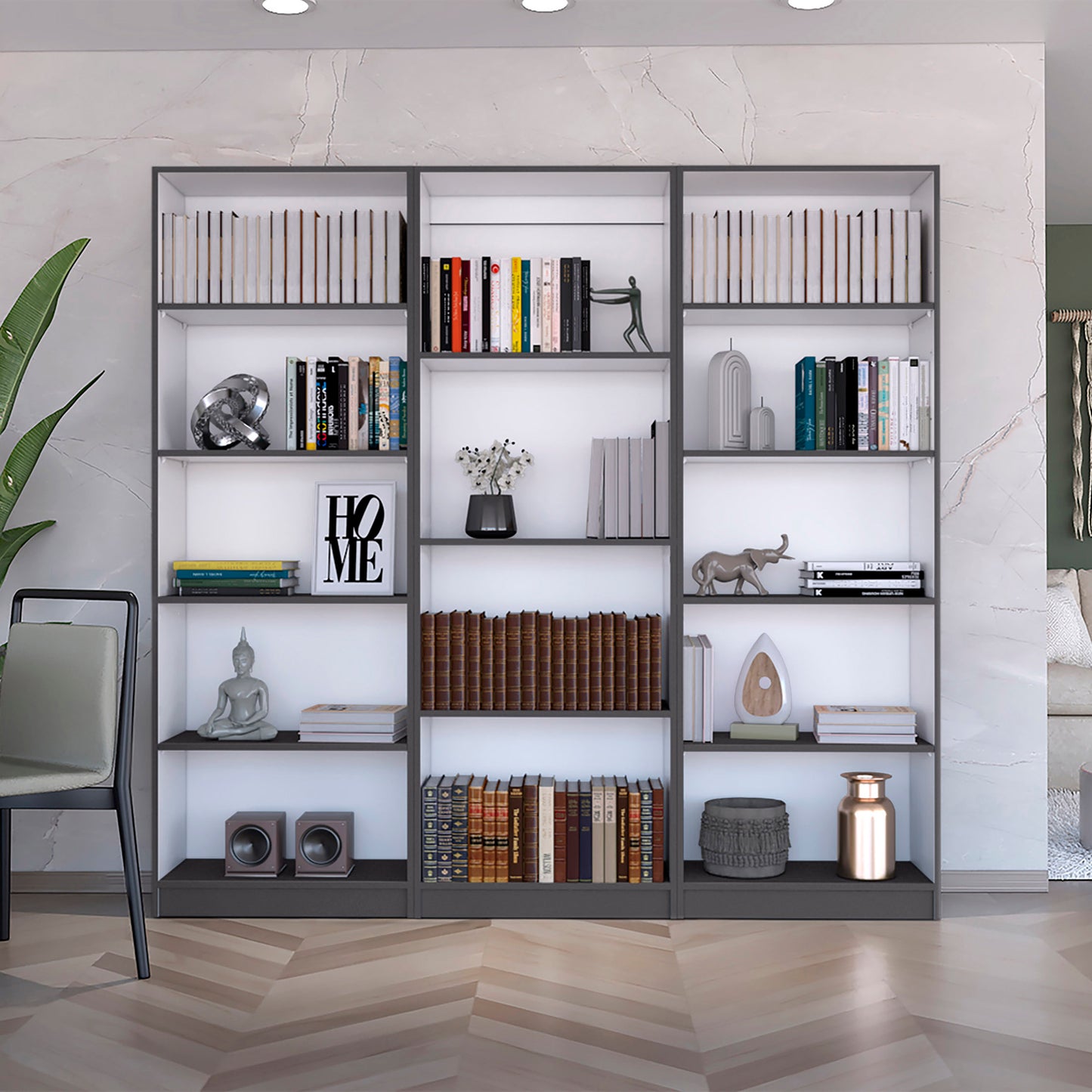 Bartow 3 Piece Home Bookcase set, 74' Wide with 14 Shelves ,  Living Room Set Set Matt Gray - White