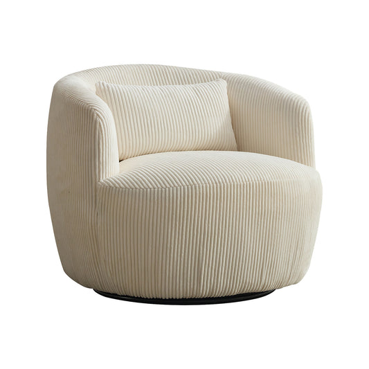 34.25' Wide Upholstered Corduroy Metal Base 360° Swivel Barrel Soft Chair with Pillow, for Club, Living Room, Bedroom, Office as well as Reading Armchair, Ivory