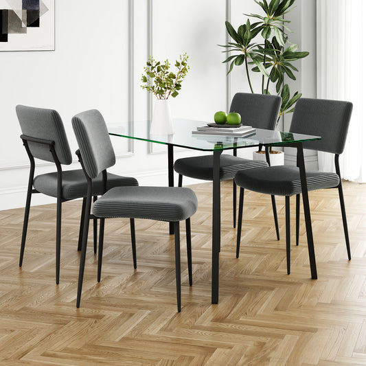 Modern simple table with a glass square table and four chairs. Transparent tempered glass countertop, black metal legs, suitable for kitchen living room dining room (set of 5)