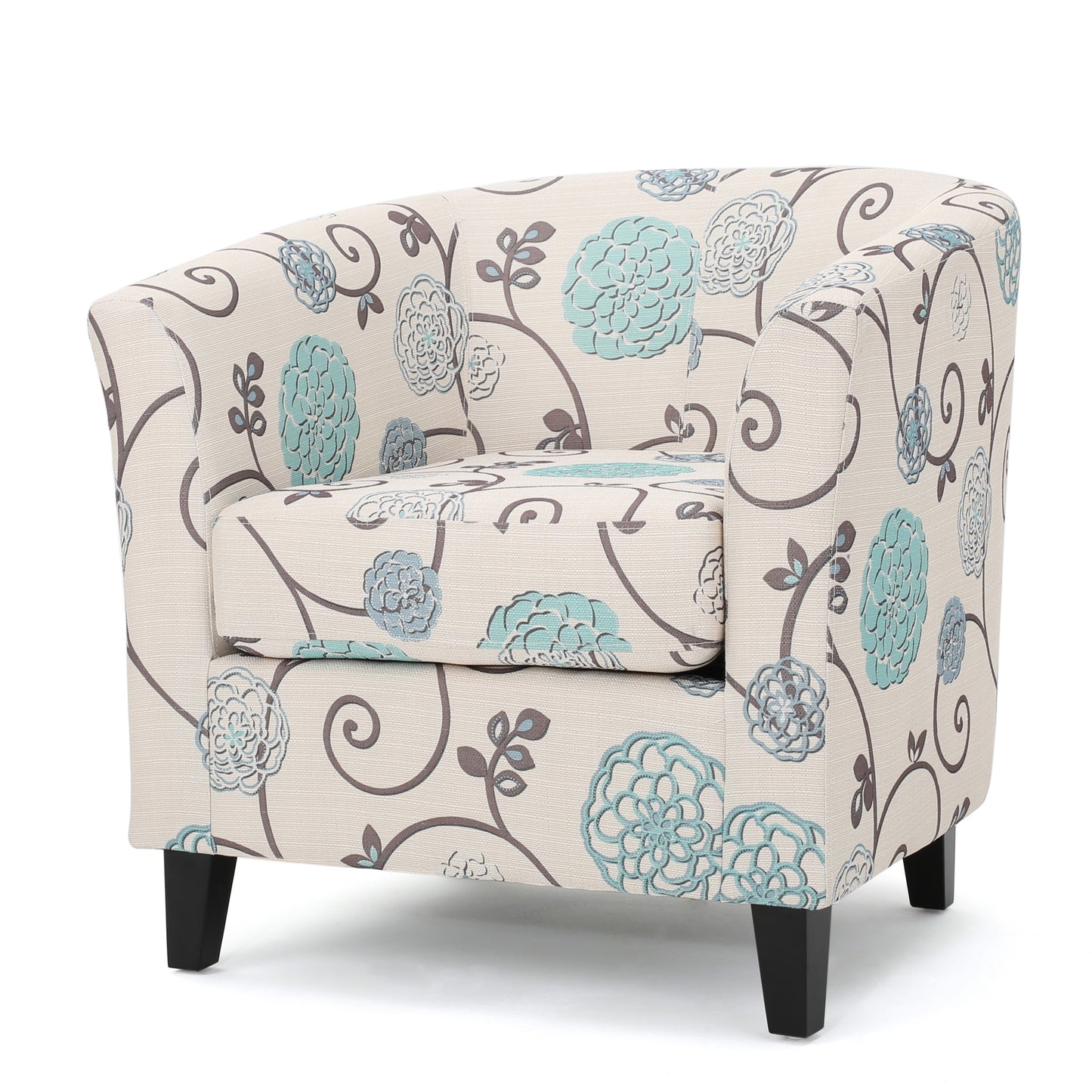 Club Chair with Floral Pattern and Solid Wood Legs, Multi Color