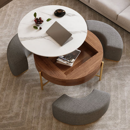 Modern Lift-Top Round Coffee Table with Hidden Storage, Walnut Veneer & Sintered Stone Top,3 Upholstered Nesting Ottomans, Space-Saving Design