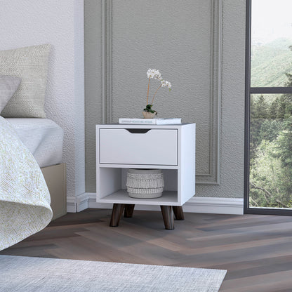 Modern Nightstand 19'H with Spacious Drawer, Open Storage Shelf and Chic Wooden Legs, White