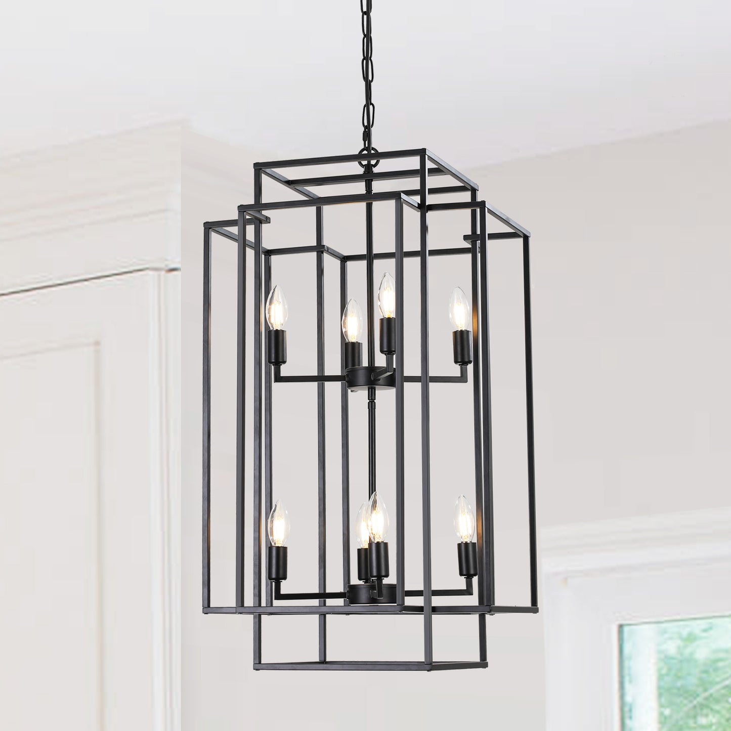(Same as W1340142527/L1018-B) 18' Modern 8-Light Black Geometric Pendant Chandelier, Industrial Metal Frame, Adjustable Hanging Light for Living Room, Dining Room, Kitchen (No Bulbs)
