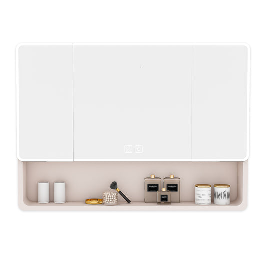 Aluminium Medicine Cabinet Mirror, 35 x 28 Inches with 3 Colors LED Light and Defogging Function, Khaki