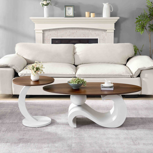 White Nesting Coffee Table Set of 2, Oral and Round Coffee Table Set, Table for Living Room, Large 47.24'', Small 19.69''