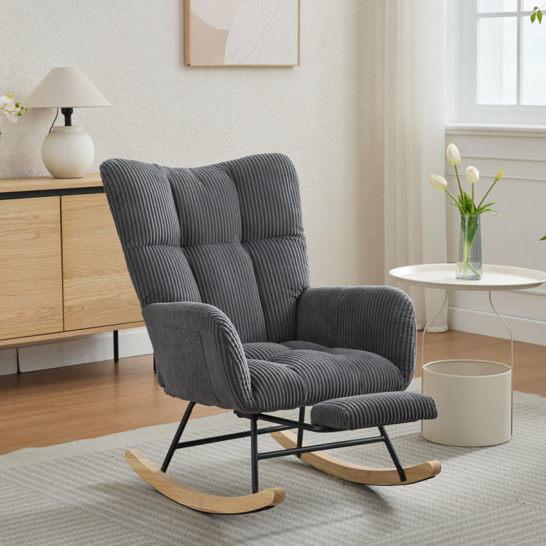 Modern Nursery Rocking Chair, Upholstered Glider Chair with High Backrest, Rocker Accent Armchair with Solid Wood Legs for Nursery Bedroom Living Room DARK GRAY