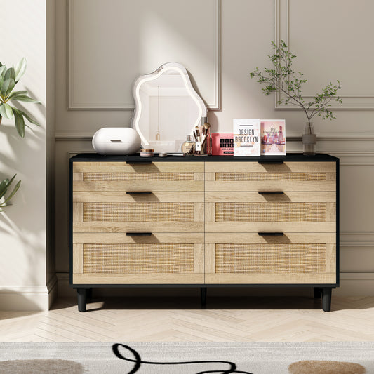 51' Rattan Dresser for Bedroom, 6 Drawer Dresser, Clothes Storage Cabinet for Bedroom, Metal Handle&Wood Legs for Hallway, Living Room, Bedroom,Black