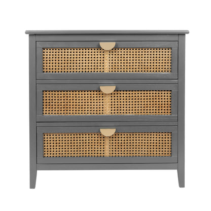 3-Drawer Cabinet - Natural Rattan - American Furniture - Suitable for Bedroom, Living Room, or Study - Gray MDF