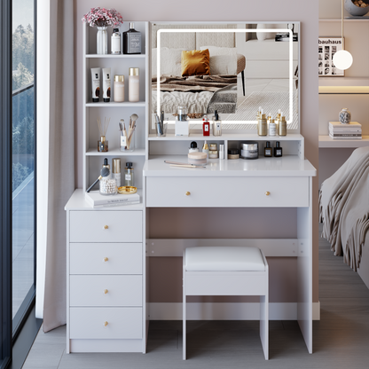 41' Large Size Left Bedside Cabinet Vanity Table+Cushioned Stool, Extra Large Touch Control LED Mirror, 3-color Switch, Multi Layer High Capacity Storage Fashionable Dresser, Suitable For Large Space