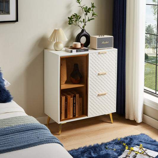 Deluxe Carved Modern Fashion Style Chest of Drawers with Aluminum Alloy Frame Tempered Glass Doors Three Drawer Chest with Metal Legs Adjustable Feet, White,31.5'L x 15.7'W x 37.6'H
